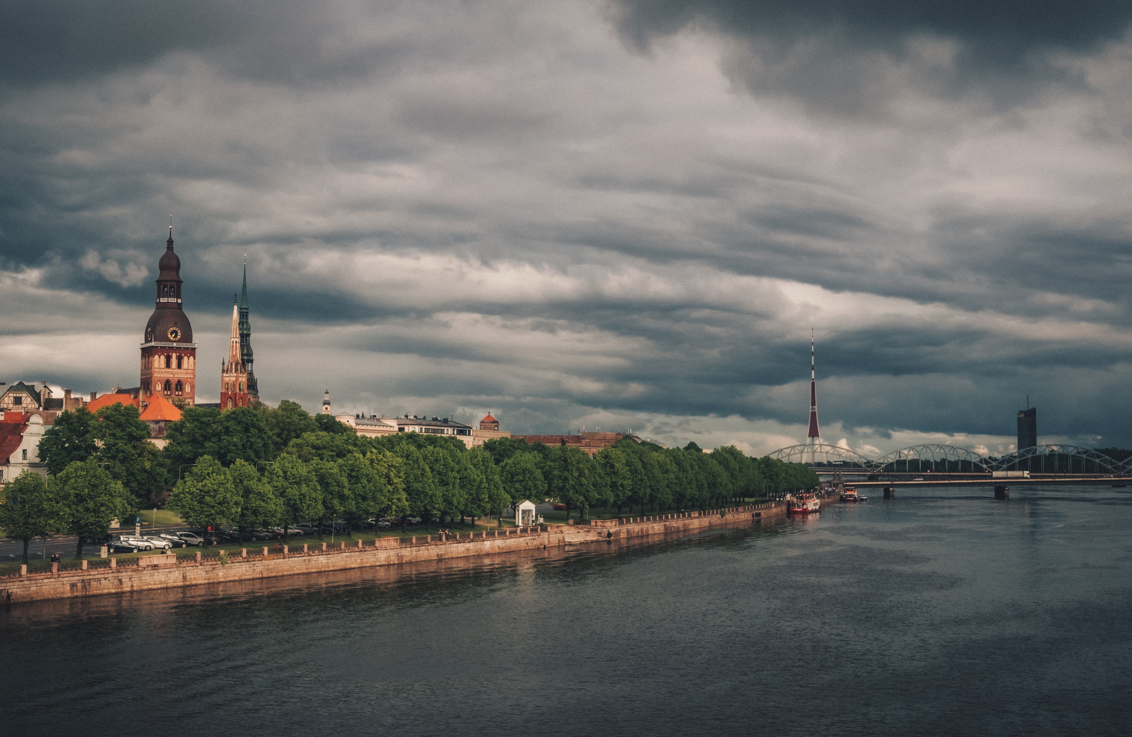 Riga city skyline beside the Daugava river